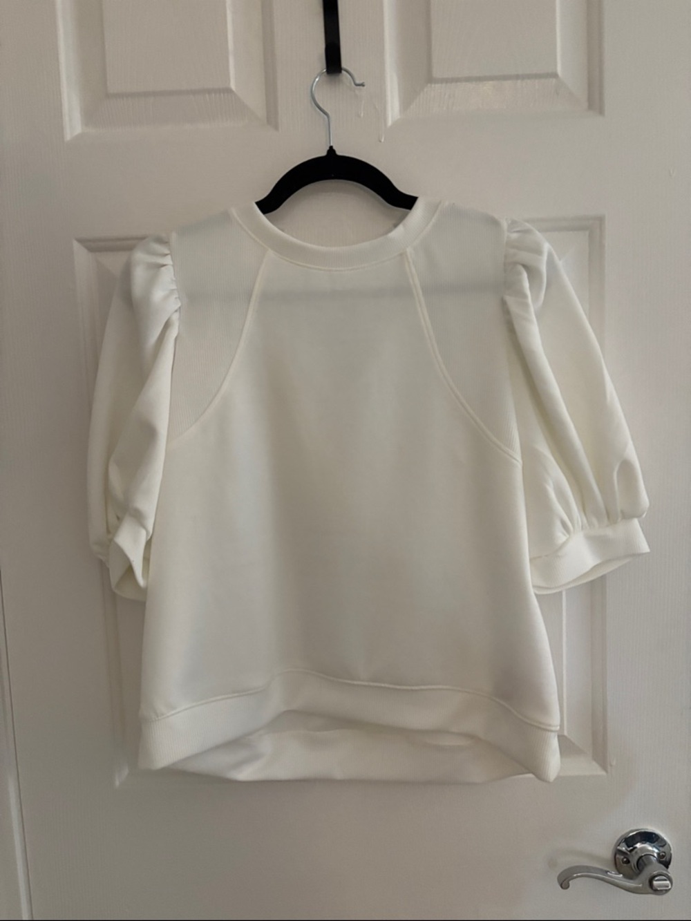 Muse Cream Puff-Sleeve Crewneck Sweatshirt with back black bow